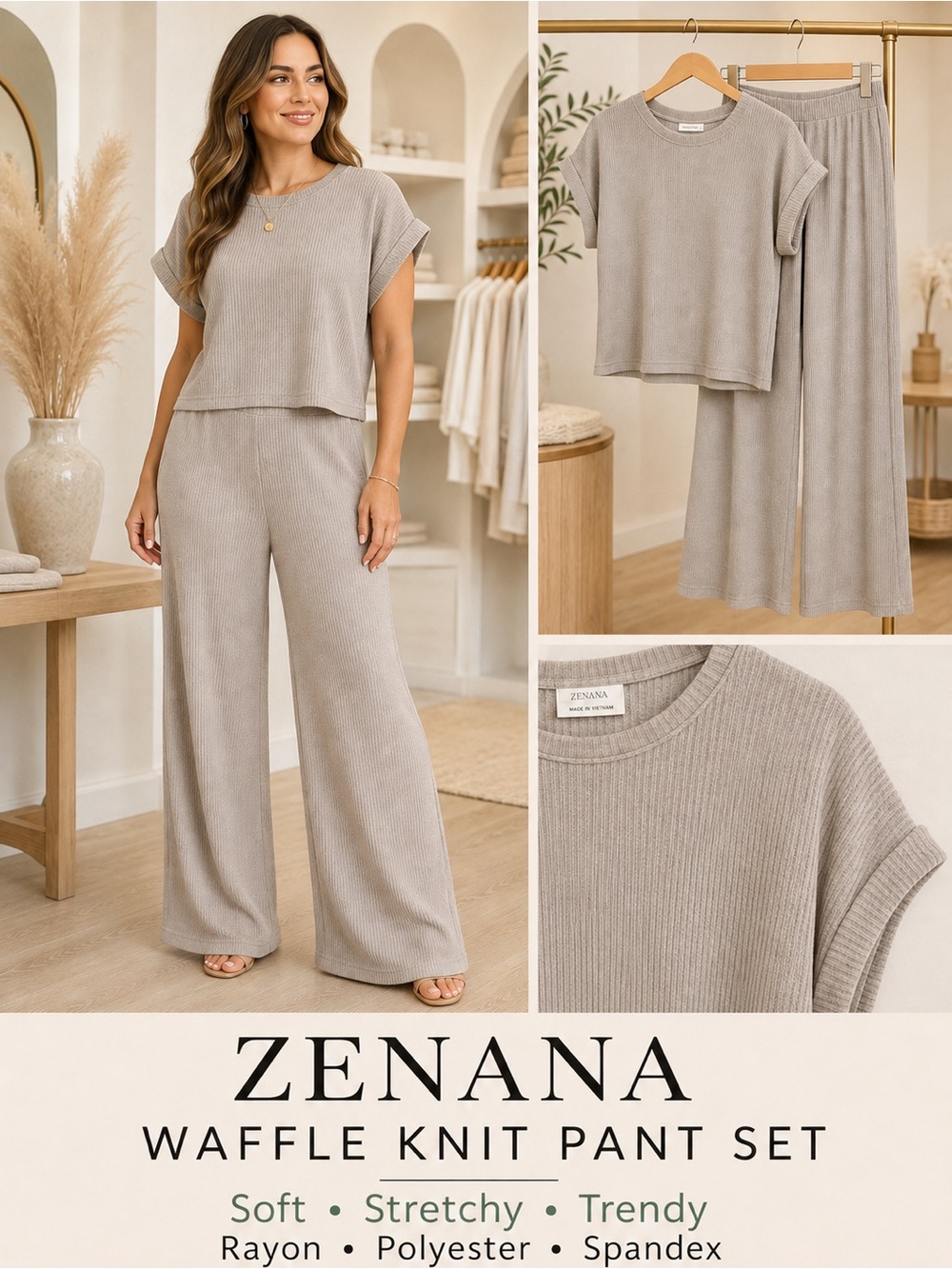 Zenana Outfitters Taupe Waffle Knit Wide-Leg Pant Set